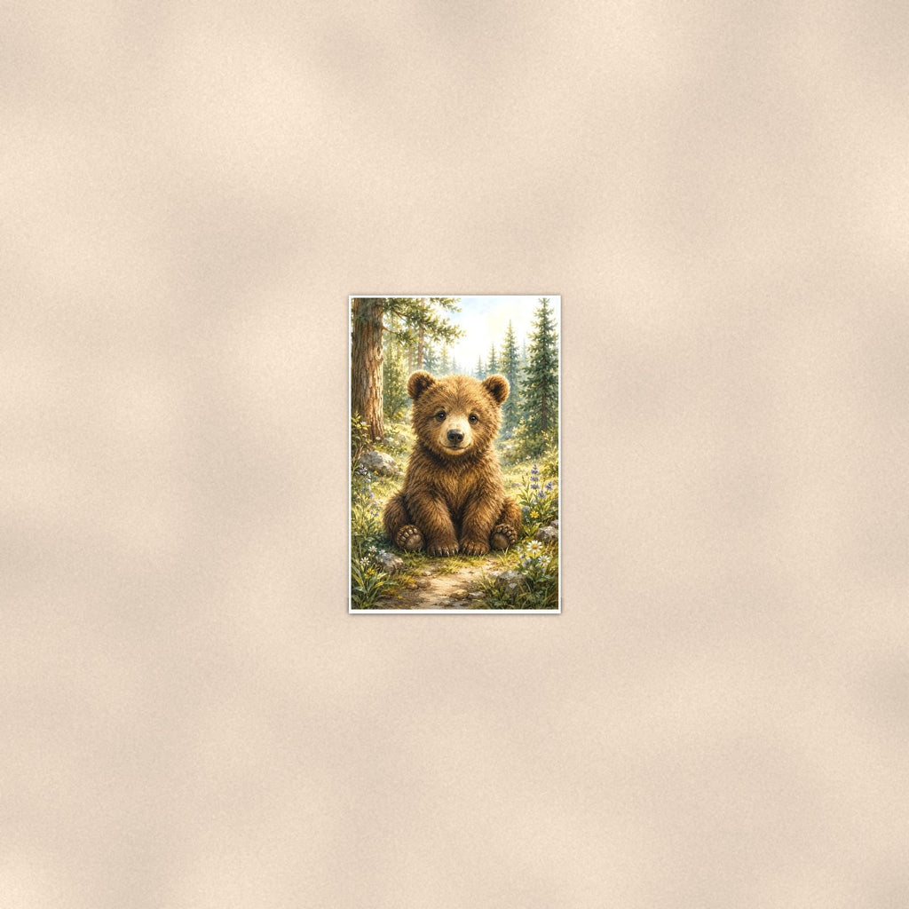 Bear Cub Forest — 24x36 in art print poster, premium luster paper with a white border; poster seen from further back, at true 24x36 in scale on a warm wall.