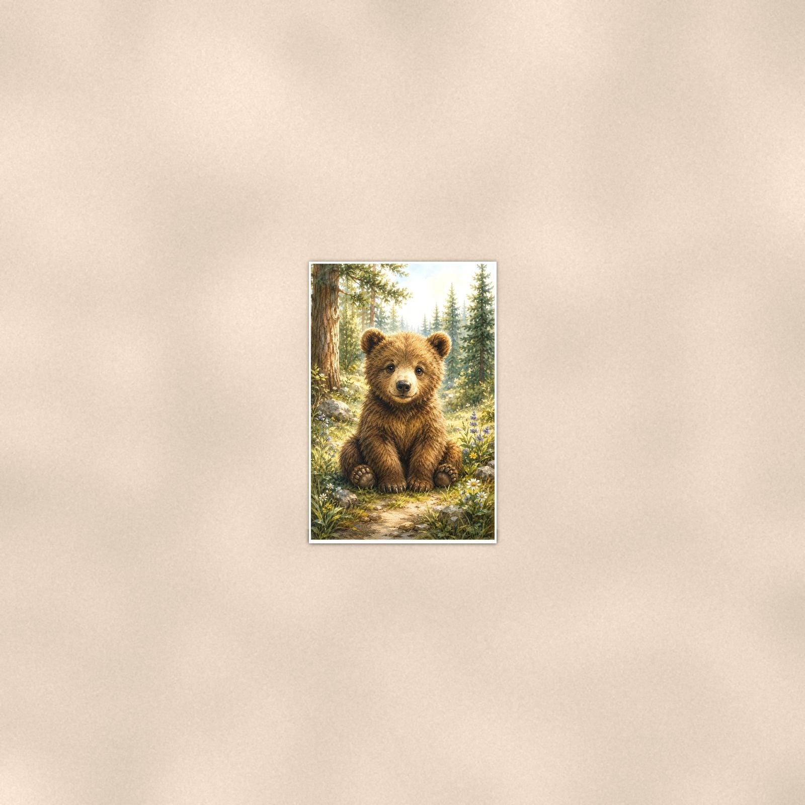 Bear Cub Forest — 24x36 in art print poster, premium luster paper with a white border; poster seen from further back, at true 24x36 in scale on a warm wall.