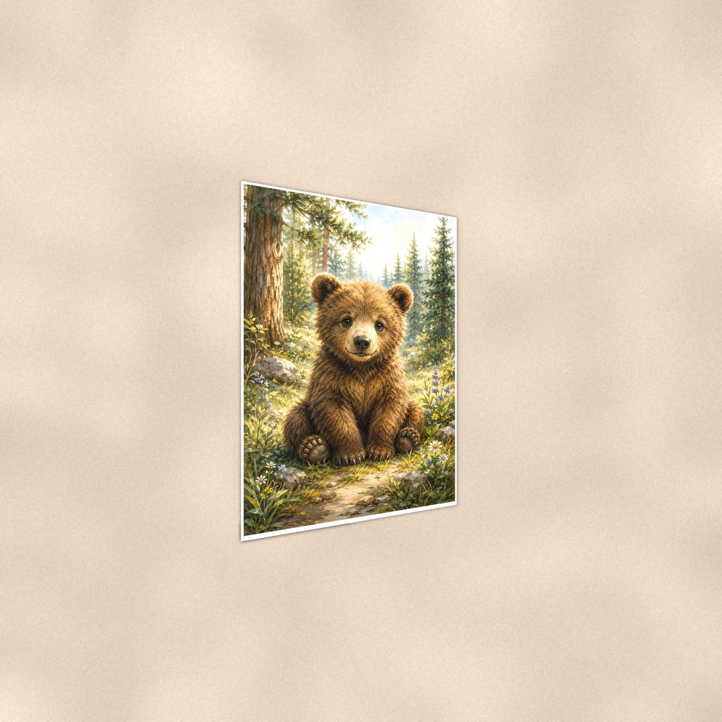 Bear Cub Forest — 24x36 in art print poster, premium luster paper with a white border; steeper three-quarter angle on a warm wall, catching the luster sheen.