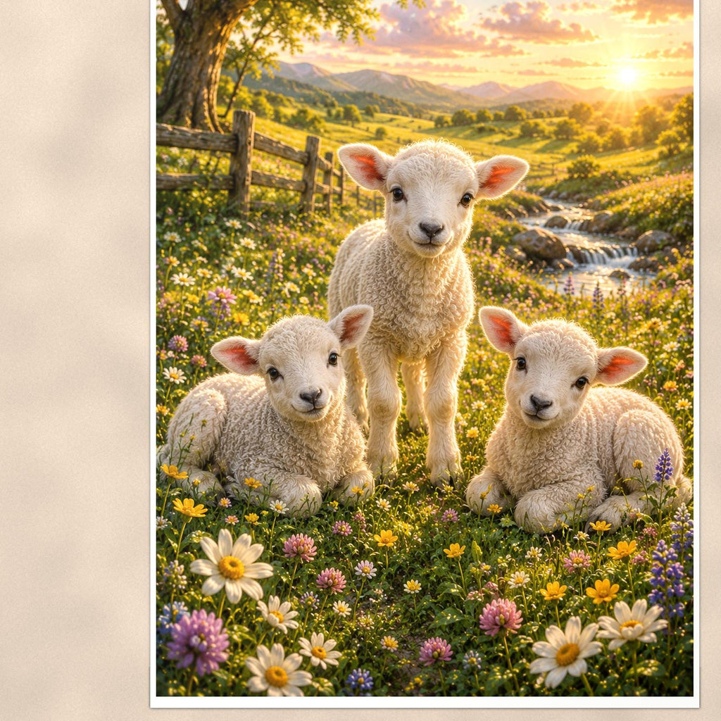 Lambs in Meadow — 24x36 in art print poster, premium luster paper with a white border; close-up framed on the main subject of the artwork, paper surface visible.