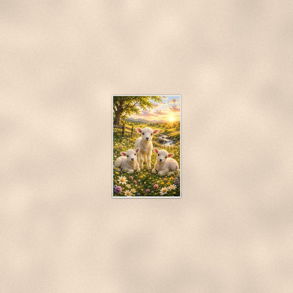Lambs in Meadow — 24x36 in art print poster, premium luster paper with a white border; poster seen from further back, at true 24x36 in scale on a warm wall.