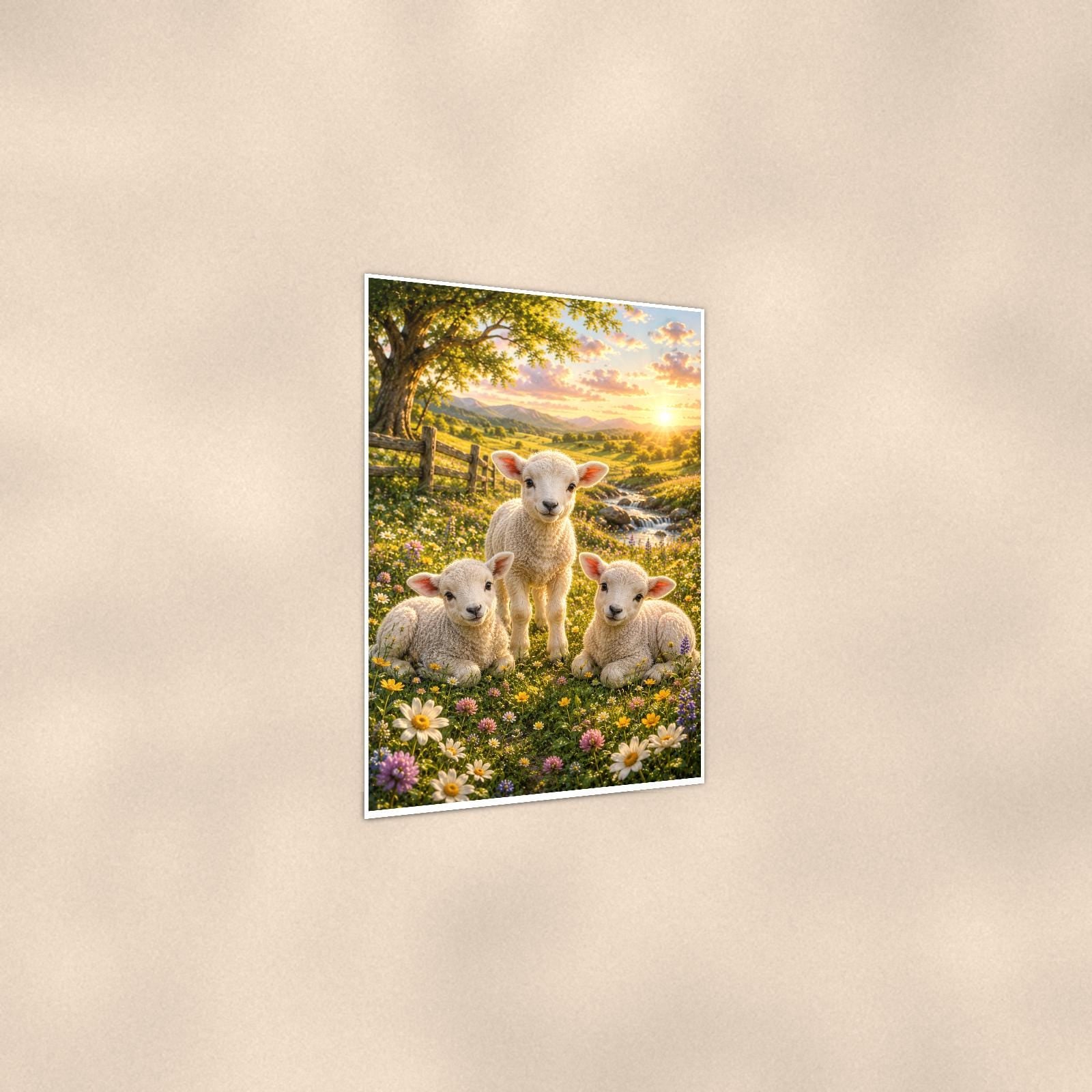 Lambs in Meadow — 24x36 in art print poster, premium luster paper with a white border; gentle three-quarter angle on a warm wall, showing the flat paper edge.