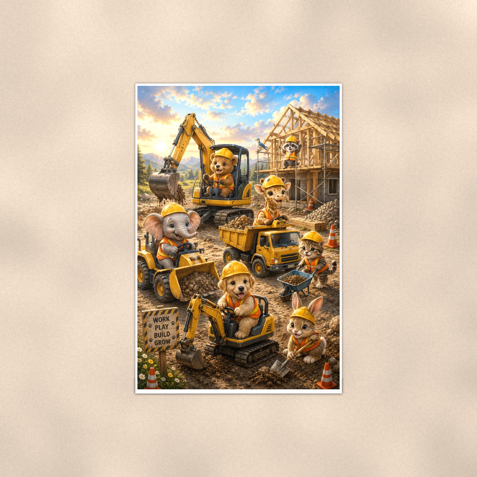 Construction Crew Animals — 24x36 in art print poster, premium luster paper with a white border; poster shown straight on against a warm wall.