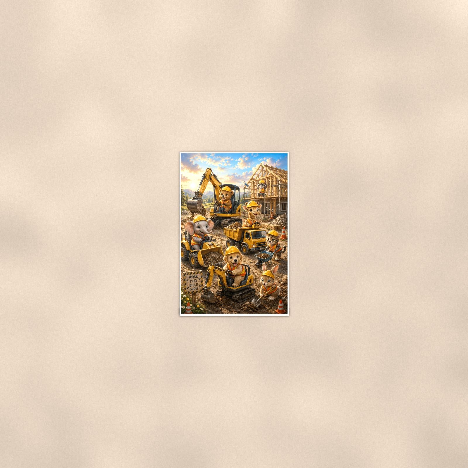 Construction Crew Animals — 24x36 in art print poster, premium luster paper with a white border; poster seen from further back, at true 24x36 in scale on a warm wall.