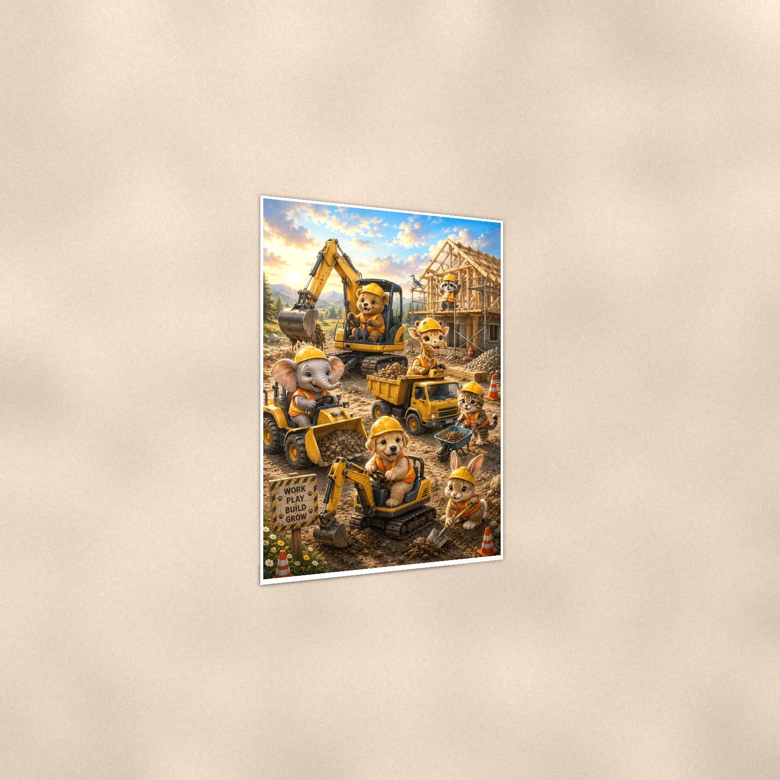 Construction Crew Animals — 24x36 in art print poster, premium luster paper with a white border; gentle three-quarter angle on a warm wall, showing the flat paper edge.