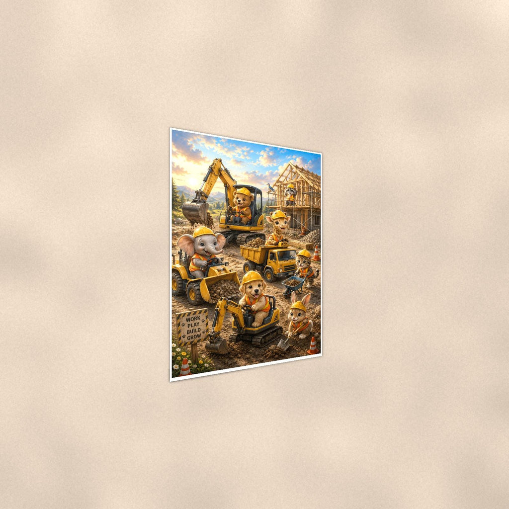 Construction Crew Animals — 24x36 in art print poster, premium luster paper with a white border; steeper three-quarter angle on a warm wall, catching the luster sheen.