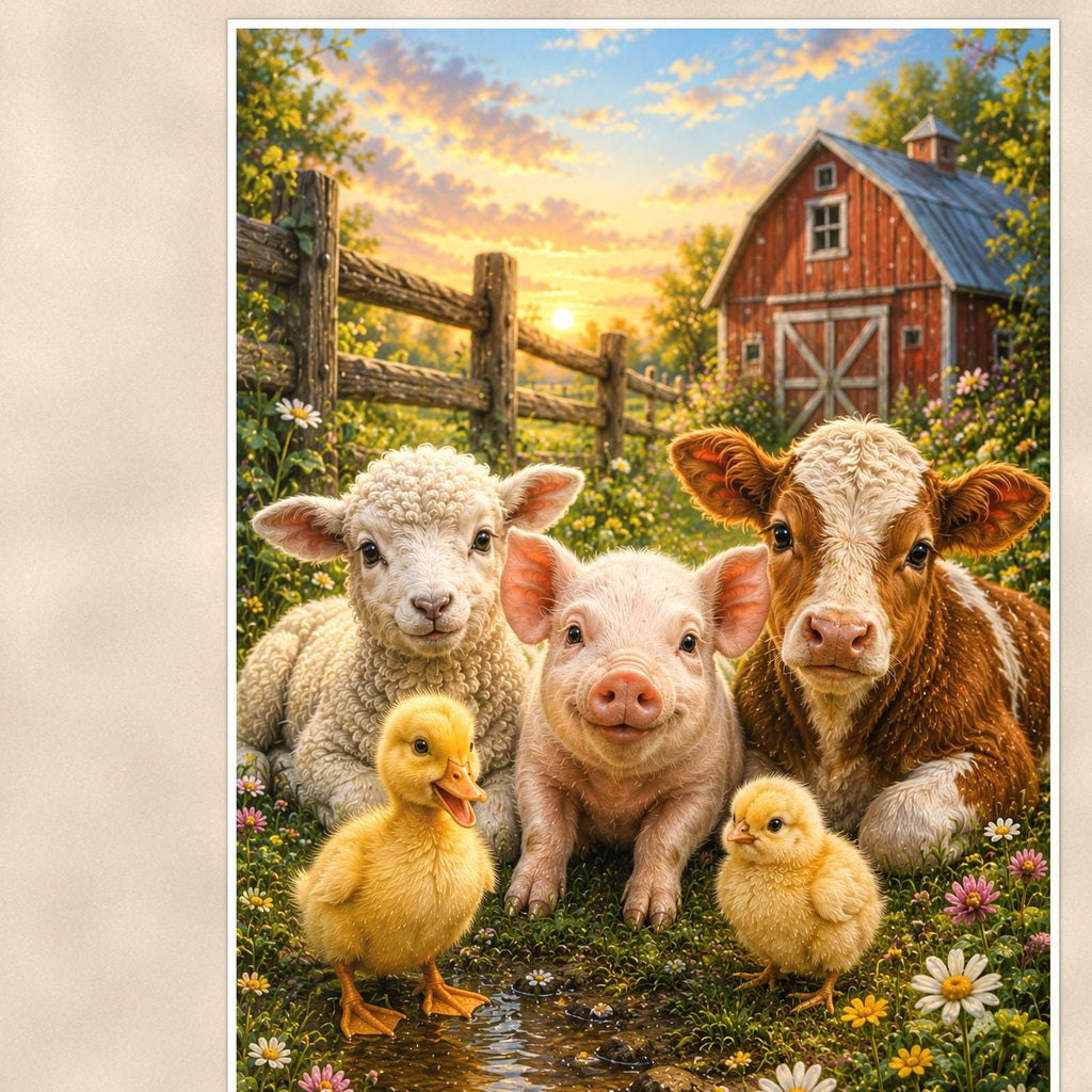Farm Animal Friends — 24x36 in art print poster, premium luster paper with a white border; close-up framed on the main subject of the artwork, paper surface visible.