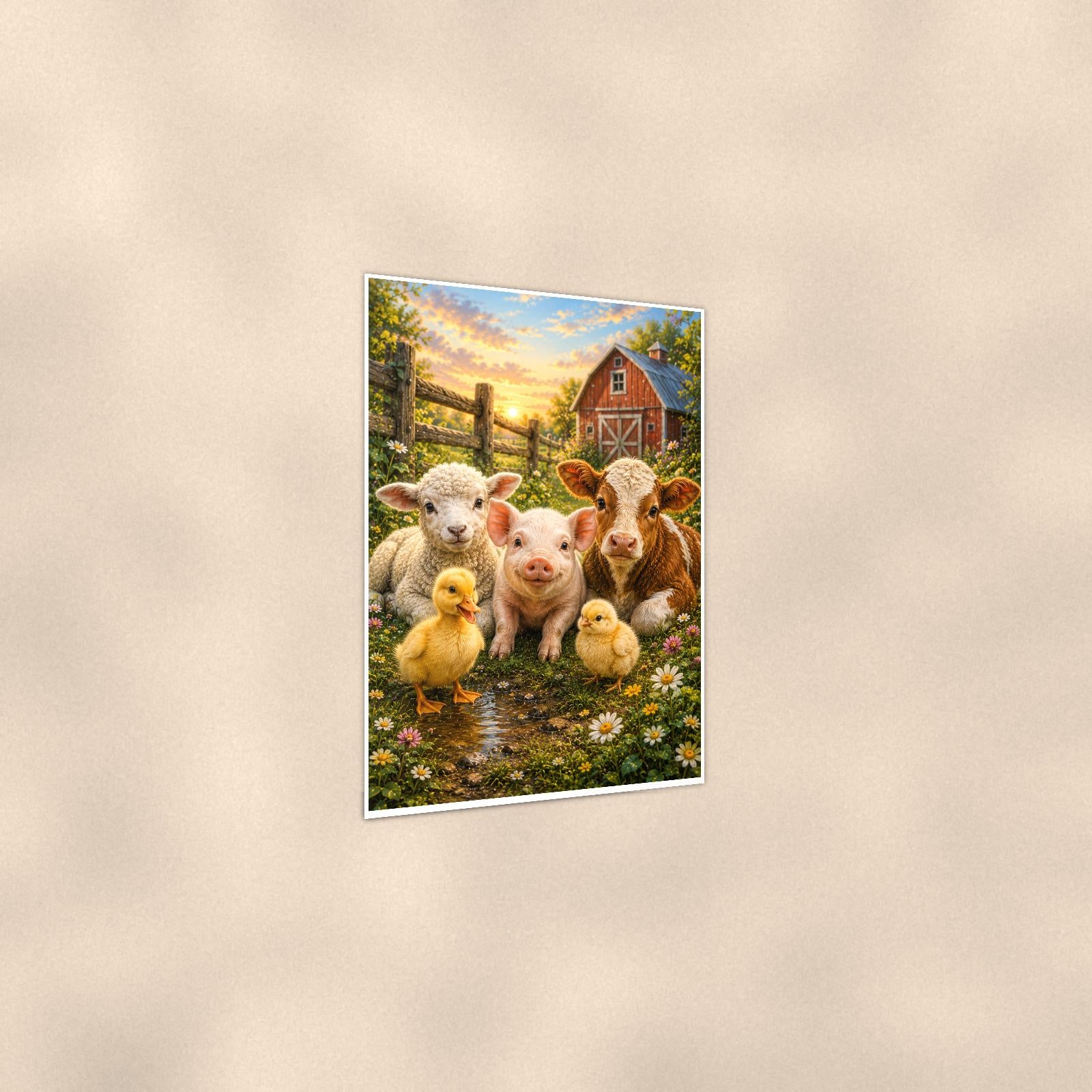 Farm Animal Friends — 24x36 in art print poster, premium luster paper with a white border; gentle three-quarter angle on a warm wall, showing the flat paper edge.