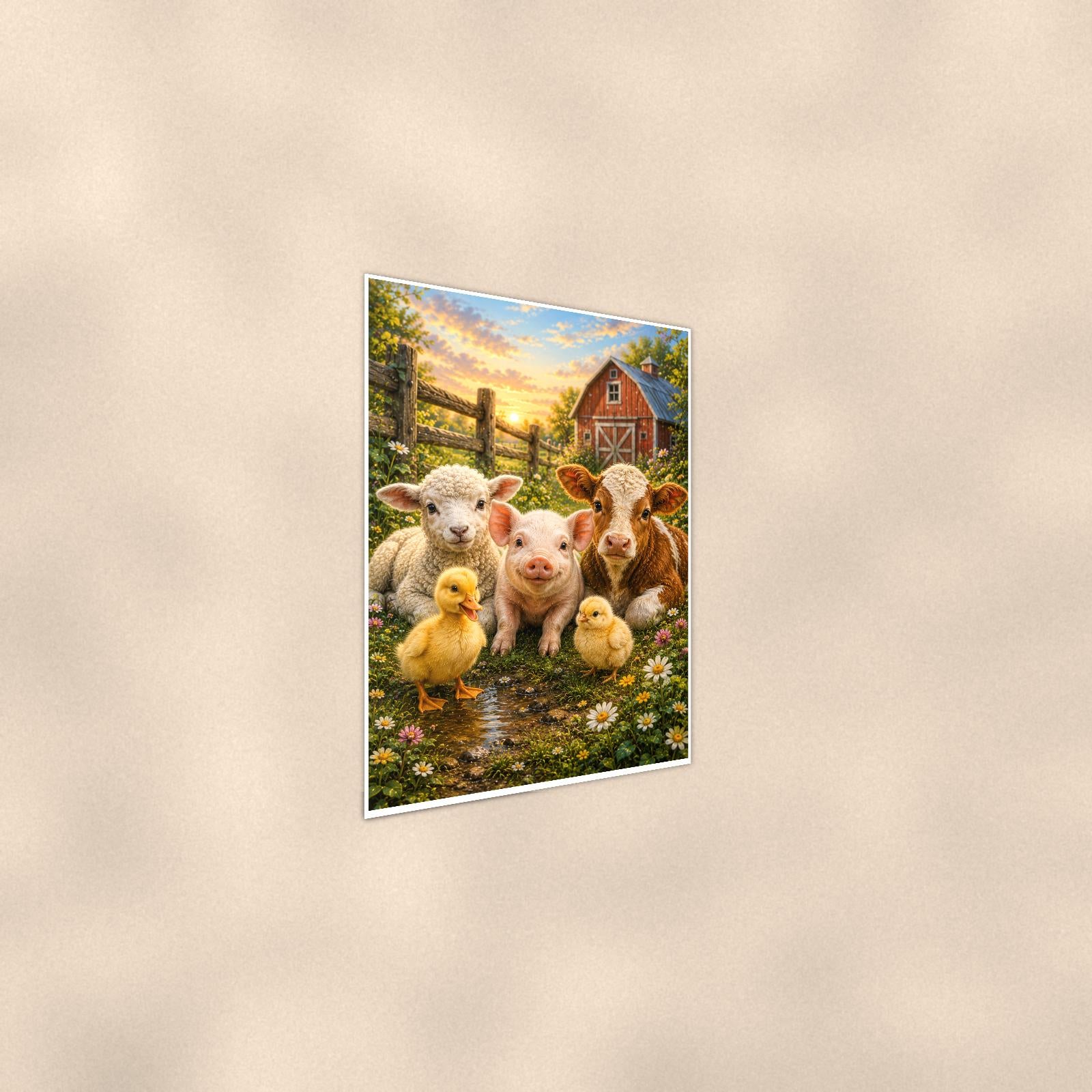 Farm Animal Friends — 24x36 in art print poster, premium luster paper with a white border; steeper three-quarter angle on a warm wall, catching the luster sheen.