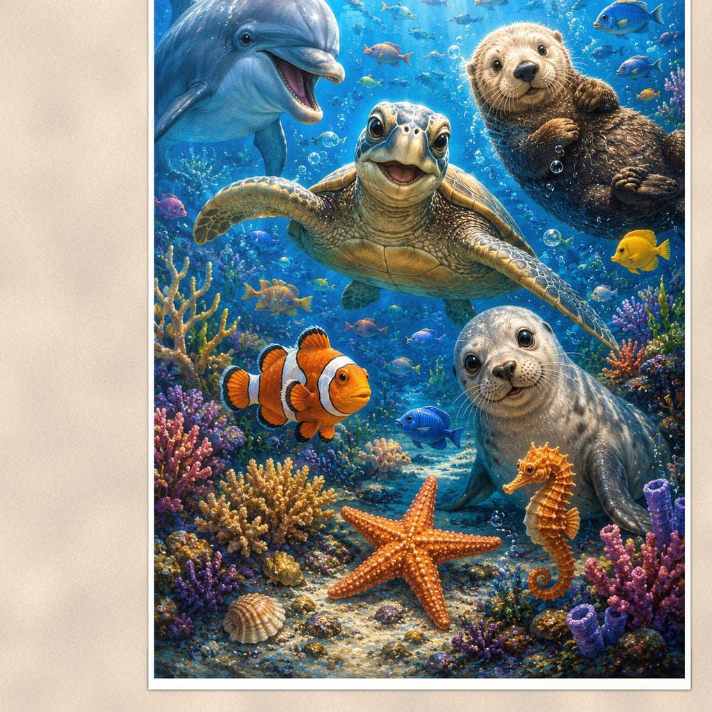 Sea Otters Reef — 24x36 in art print poster, premium luster paper with a white border; close-up framed on the main subject of the artwork, paper surface visible.
