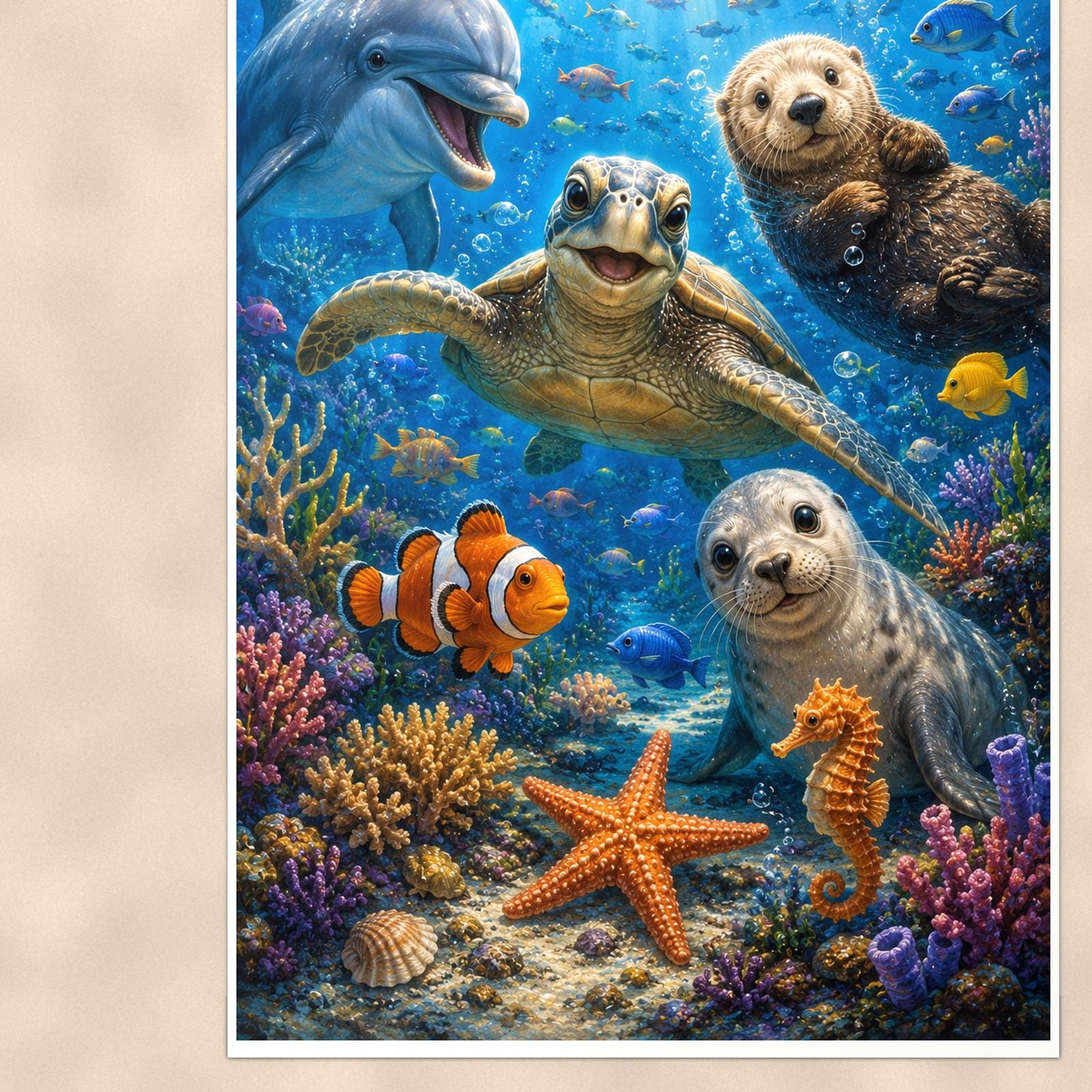 Sea Otters Reef — 24x36 in art print poster, premium luster paper with a white border; close-up framed on the main subject of the artwork, paper surface visible.