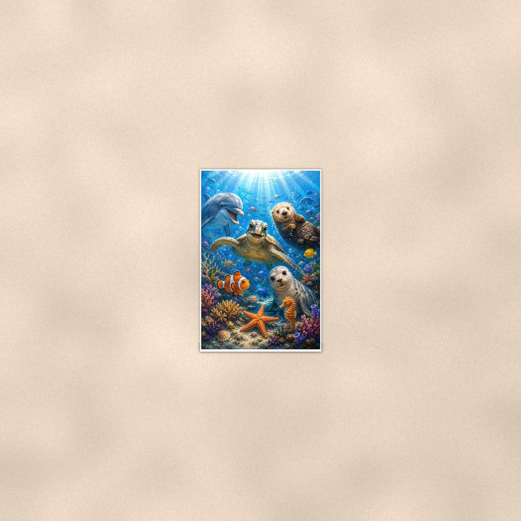 Sea Otters Reef — 24x36 in art print poster, premium luster paper with a white border; poster seen from further back, at true 24x36 in scale on a warm wall.
