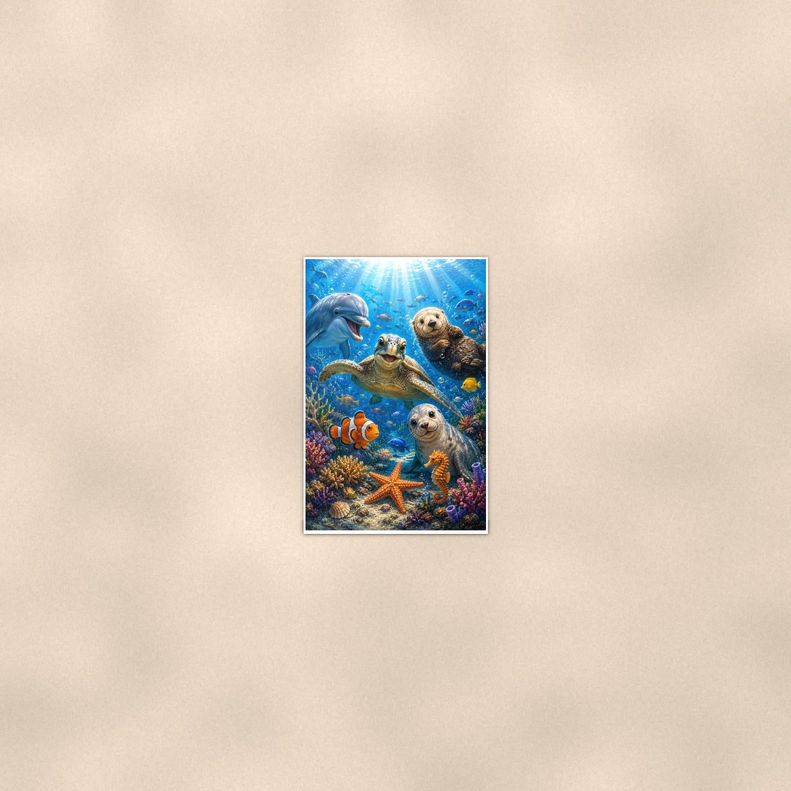 Sea Otters Reef — 24x36 in art print poster, premium luster paper with a white border; poster seen from further back, at true 24x36 in scale on a warm wall.
