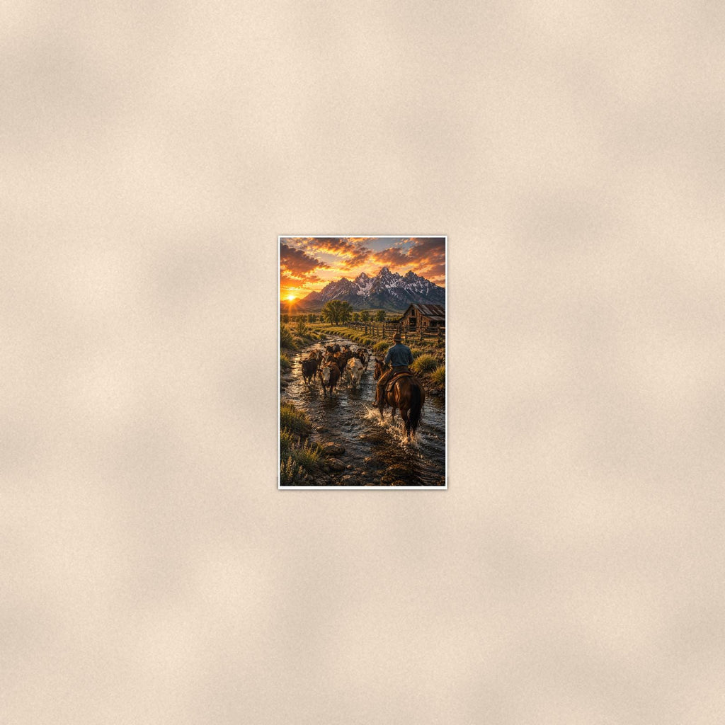 River Cattle Drive — 24x36 in art print poster, premium luster paper with a white border; poster seen from further back, at true 24x36 in scale on a warm wall.