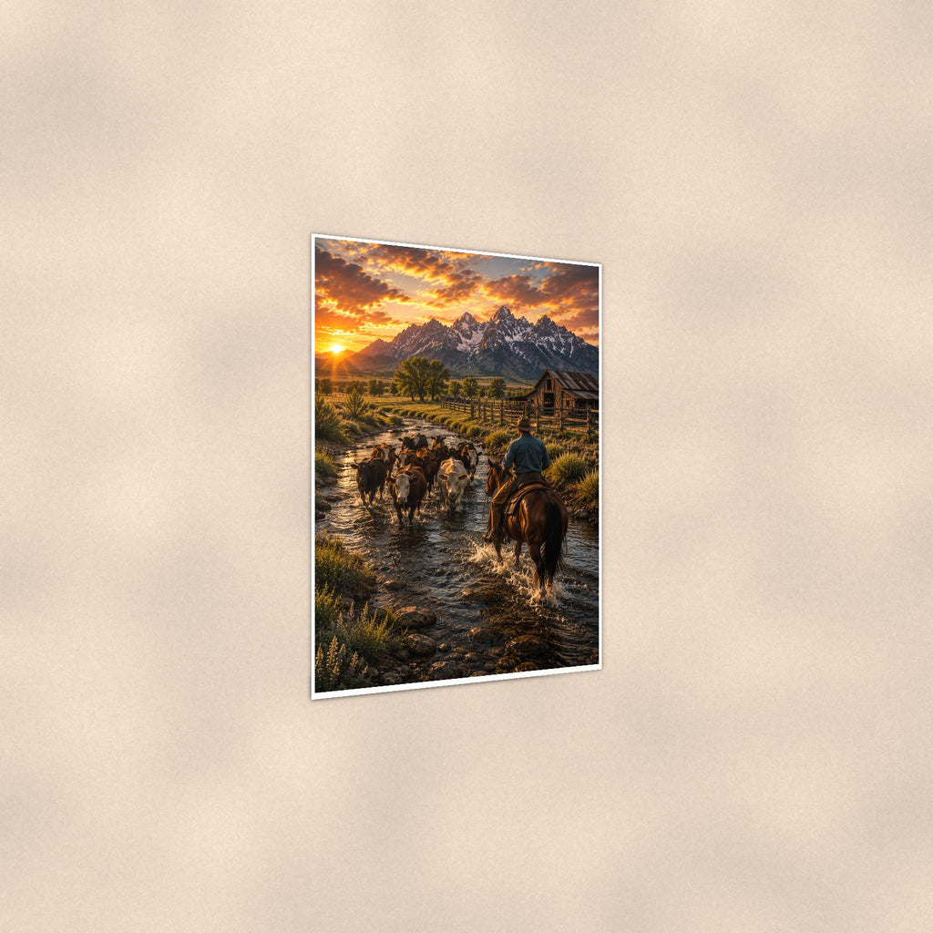 River Cattle Drive — 24x36 in art print poster, premium luster paper with a white border; gentle three-quarter angle on a warm wall, showing the flat paper edge.