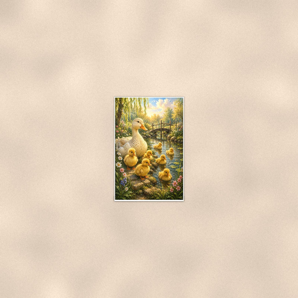 Ducklings Pond — 24x36 in art print poster, premium luster paper with a white border; poster seen from further back, at true 24x36 in scale on a warm wall.