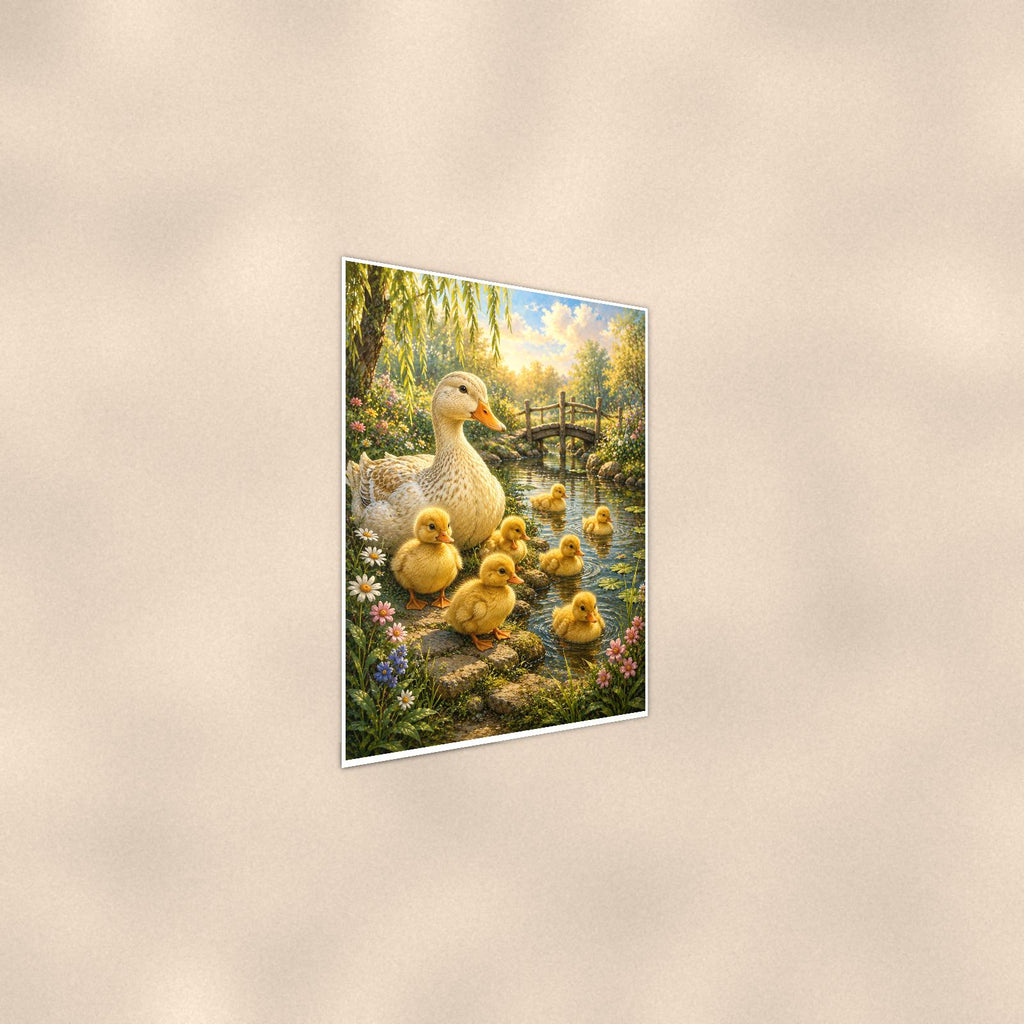 Ducklings Pond — 24x36 in art print poster, premium luster paper with a white border; steeper three-quarter angle on a warm wall, catching the luster sheen.