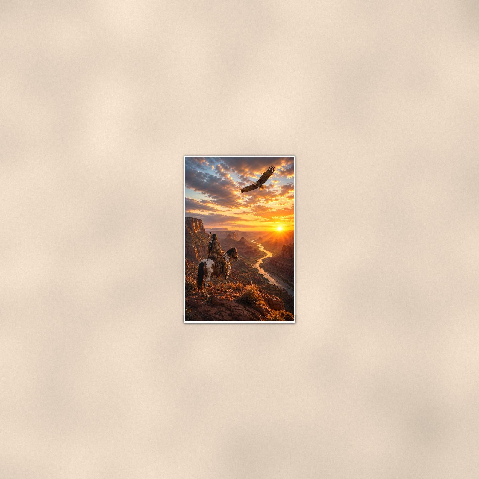Eagle Canyon Sunset — 24x36 in art print poster, premium luster paper with a white border; poster seen from further back, at true 24x36 in scale on a warm wall.