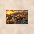 Cattle Drive River Crossing — 36x24 in art print poster, premium luster paper with a white border; poster shown straight on against a warm wall.