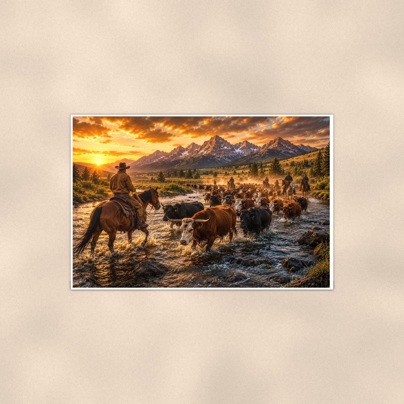 Cattle Drive River Crossing — 36x24 in art print poster, premium luster paper with a white border; poster shown straight on against a warm wall.