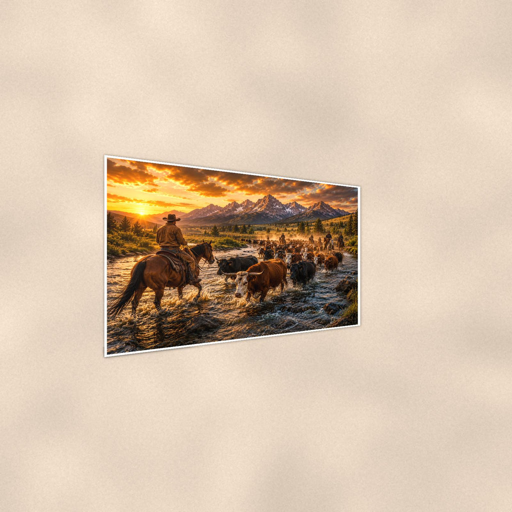 Cattle Drive River Crossing — 36x24 in art print poster, premium luster paper with a white border; steeper three-quarter angle on a warm wall, catching the luster sheen.
