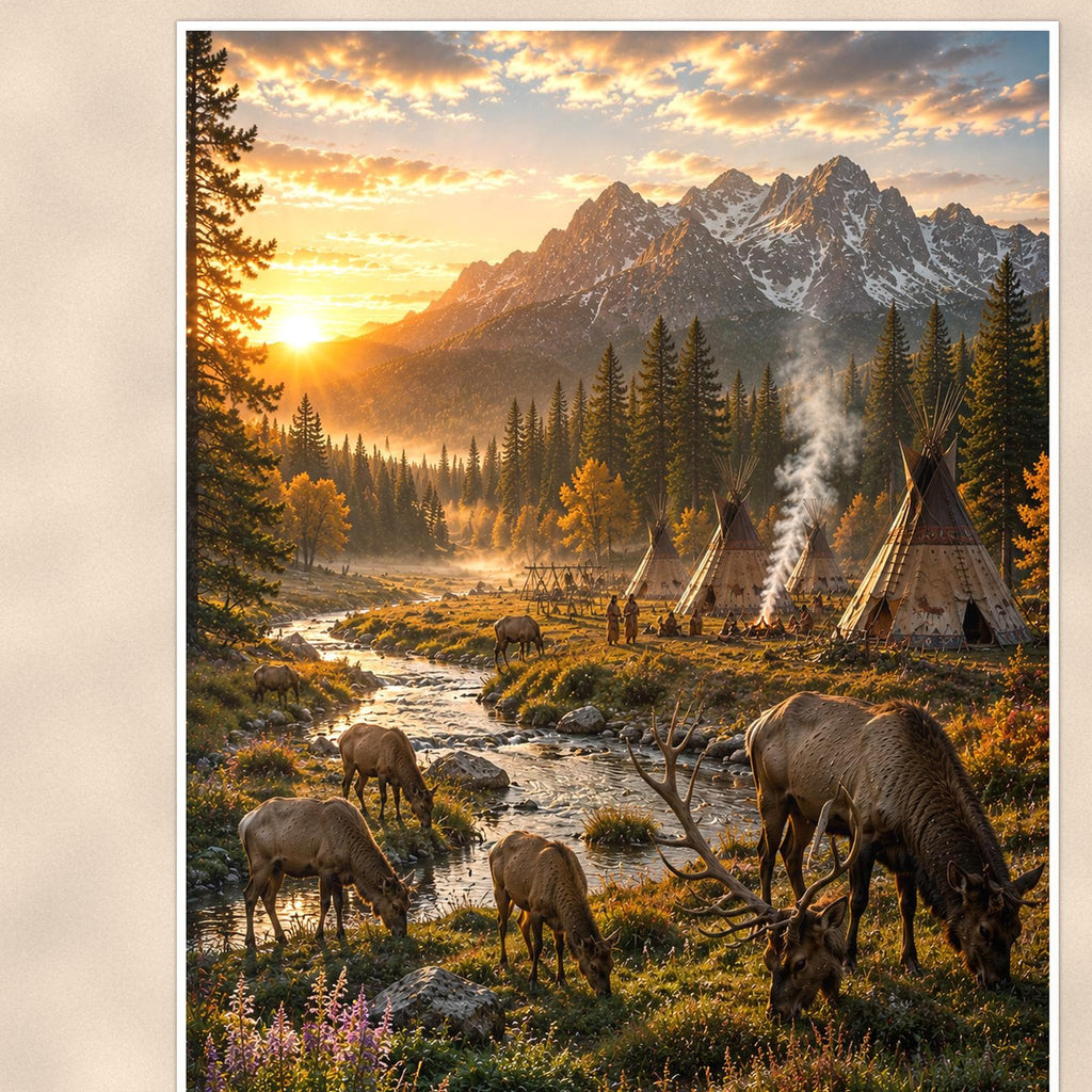 Elk Valley Camp — 24x36 in art print poster, premium luster paper with a white border; close-up framed on the main subject of the artwork, paper surface visible.