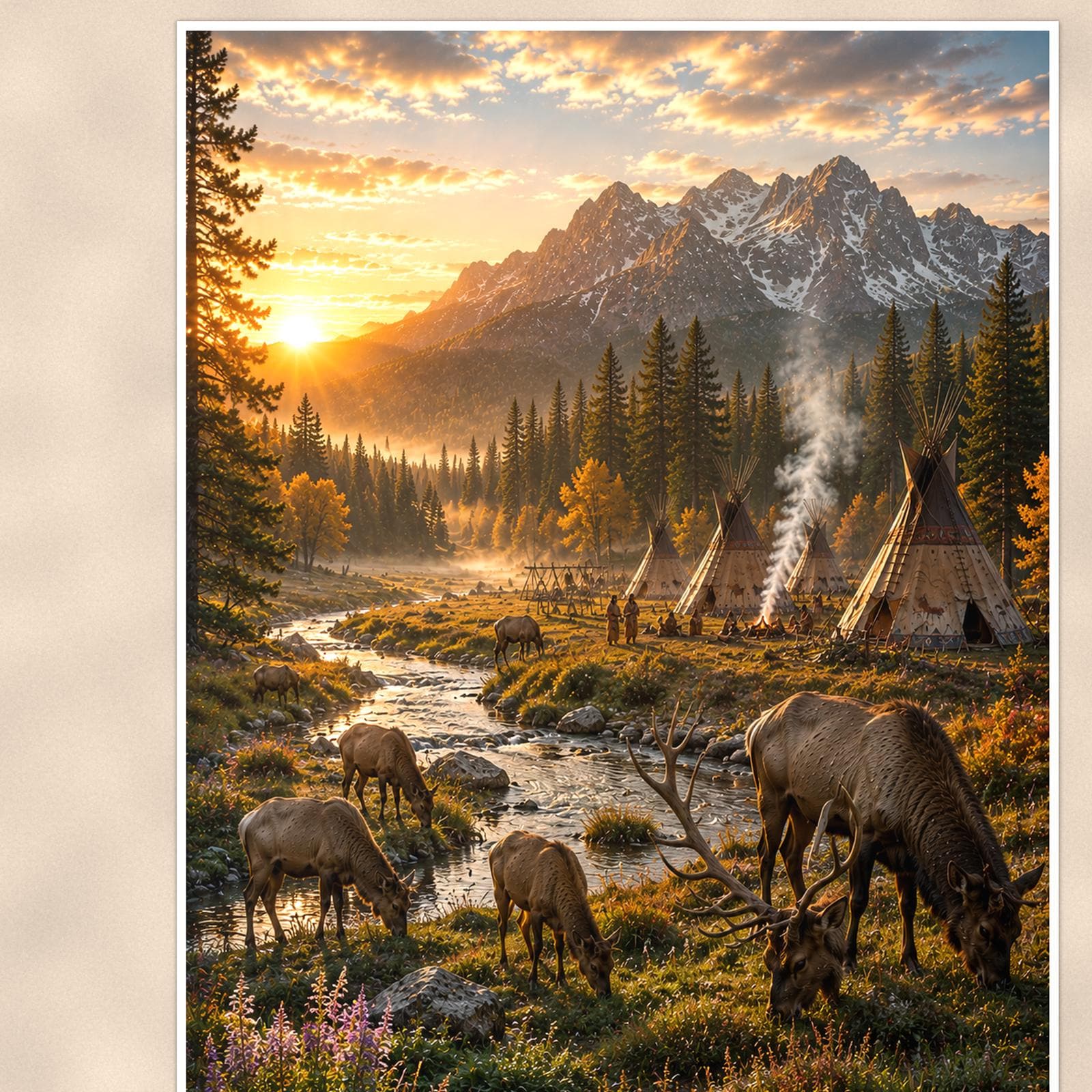 Elk Valley Camp — 24x36 in art print poster, premium luster paper with a white border; close-up framed on the main subject of the artwork, paper surface visible.