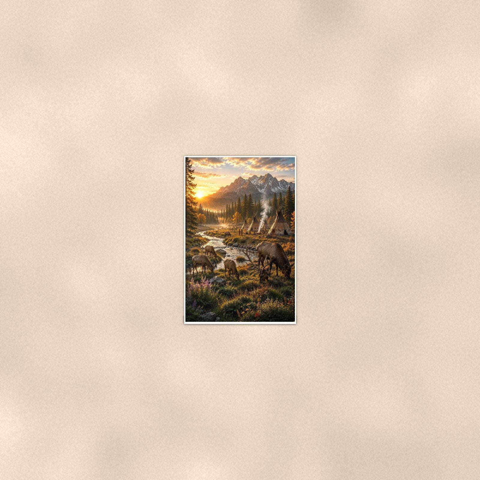 Elk Valley Camp — 24x36 in art print poster, premium luster paper with a white border; poster seen from further back, at true 24x36 in scale on a warm wall.