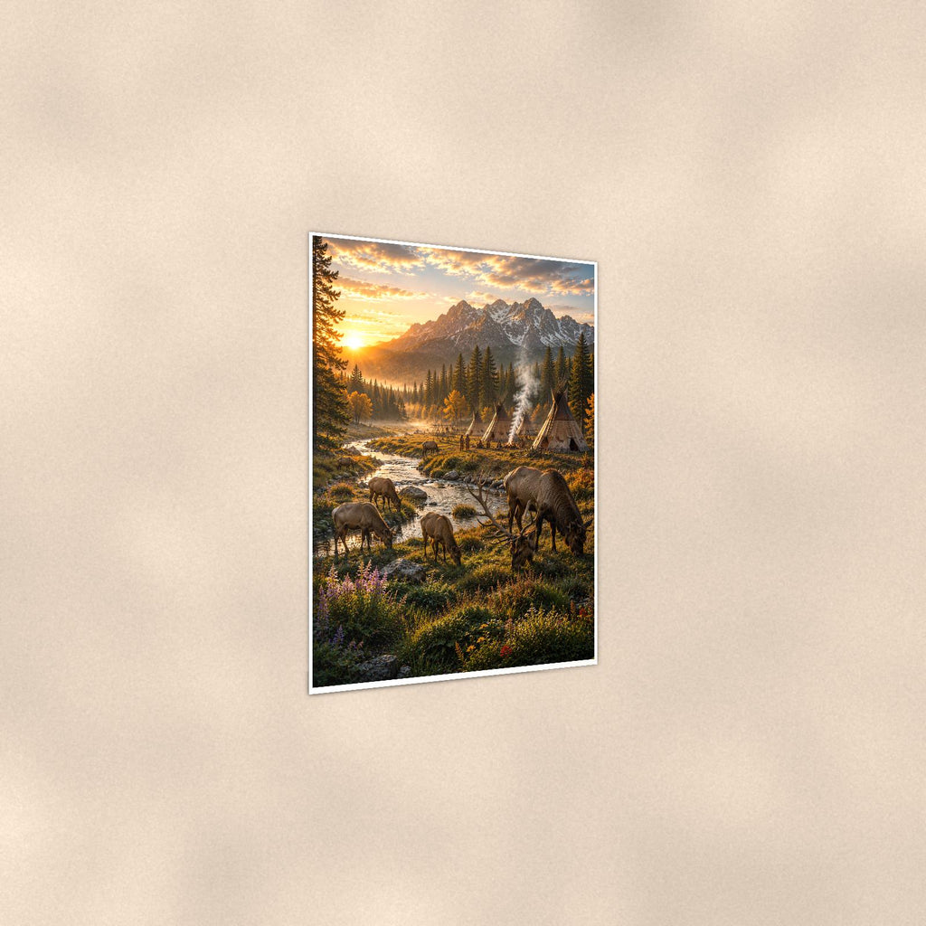 Elk Valley Camp — 24x36 in art print poster, premium luster paper with a white border; gentle three-quarter angle on a warm wall, showing the flat paper edge.