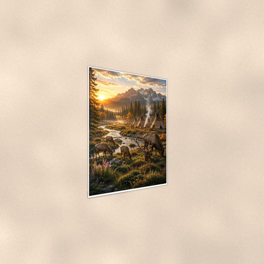 Elk Valley Camp — 24x36 in art print poster, premium luster paper with a white border; steeper three-quarter angle on a warm wall, catching the luster sheen.