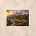 Mountain Horse Cabin — 36x24 in art print poster, premium luster paper with a white border; poster shown straight on against a warm wall.