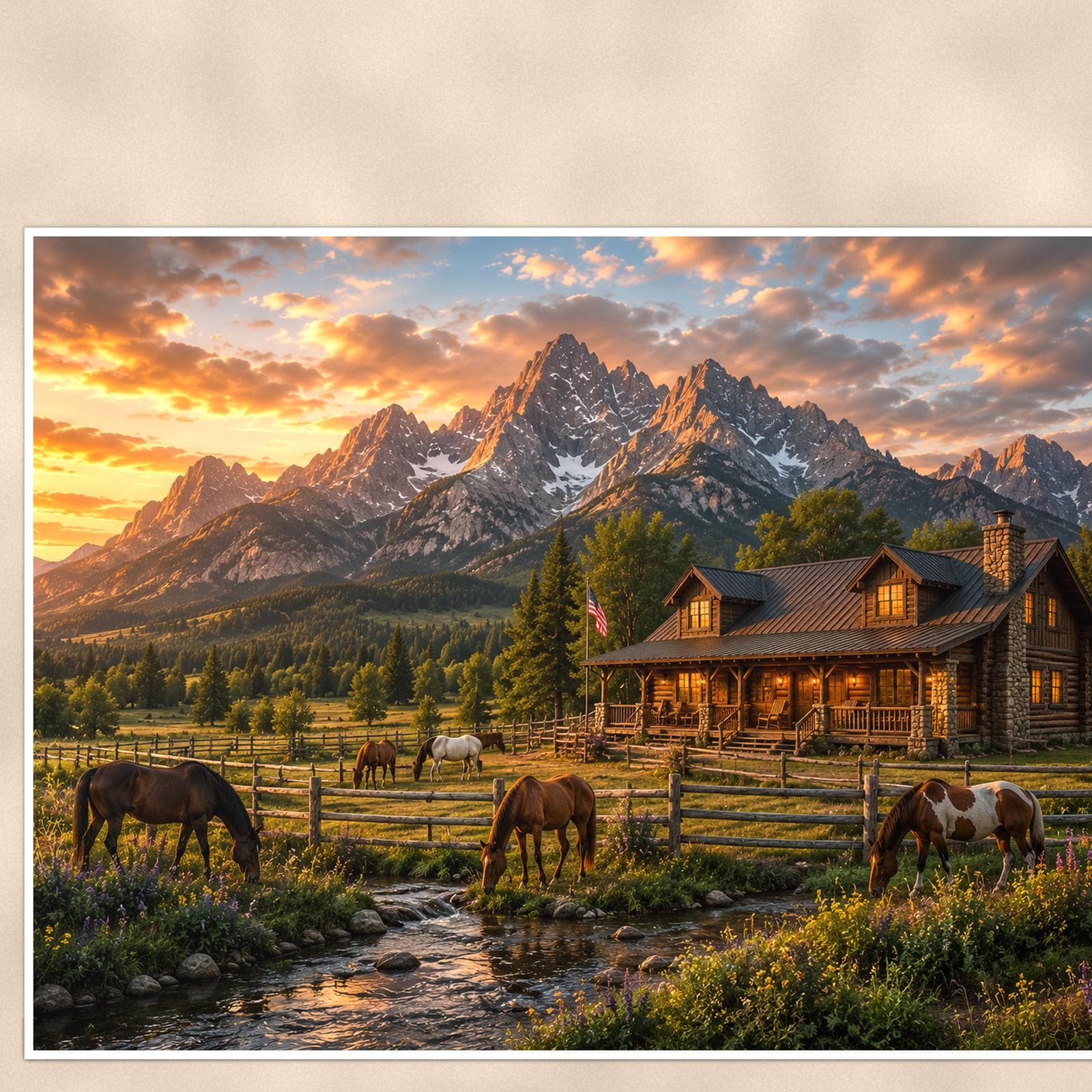 Mountain Horse Cabin — 36x24 in art print poster, premium luster paper with a white border; close-up framed on the main subject of the artwork, paper surface visible.