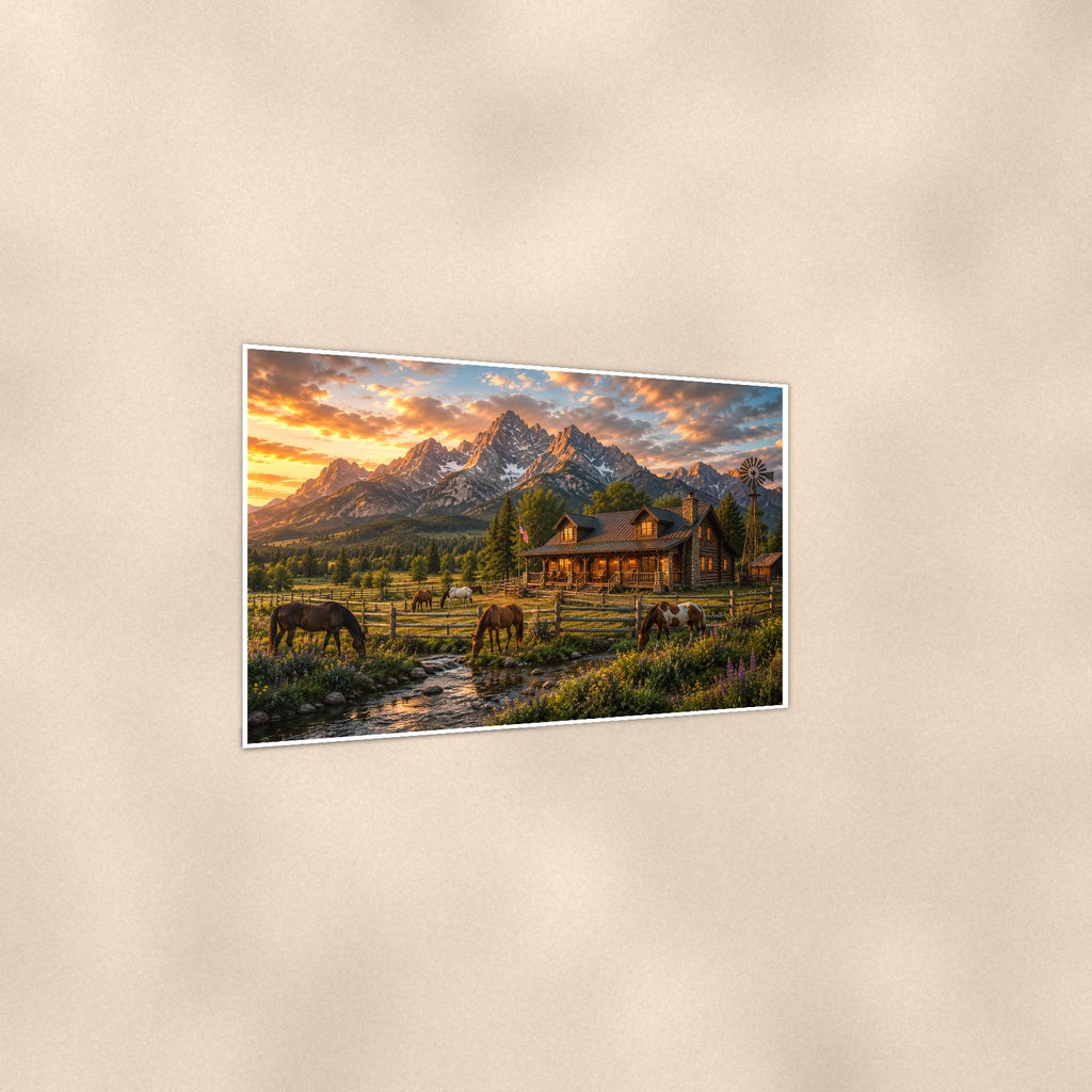 Mountain Horse Cabin — 36x24 in art print poster, premium luster paper with a white border; gentle three-quarter angle on a warm wall, showing the flat paper edge.