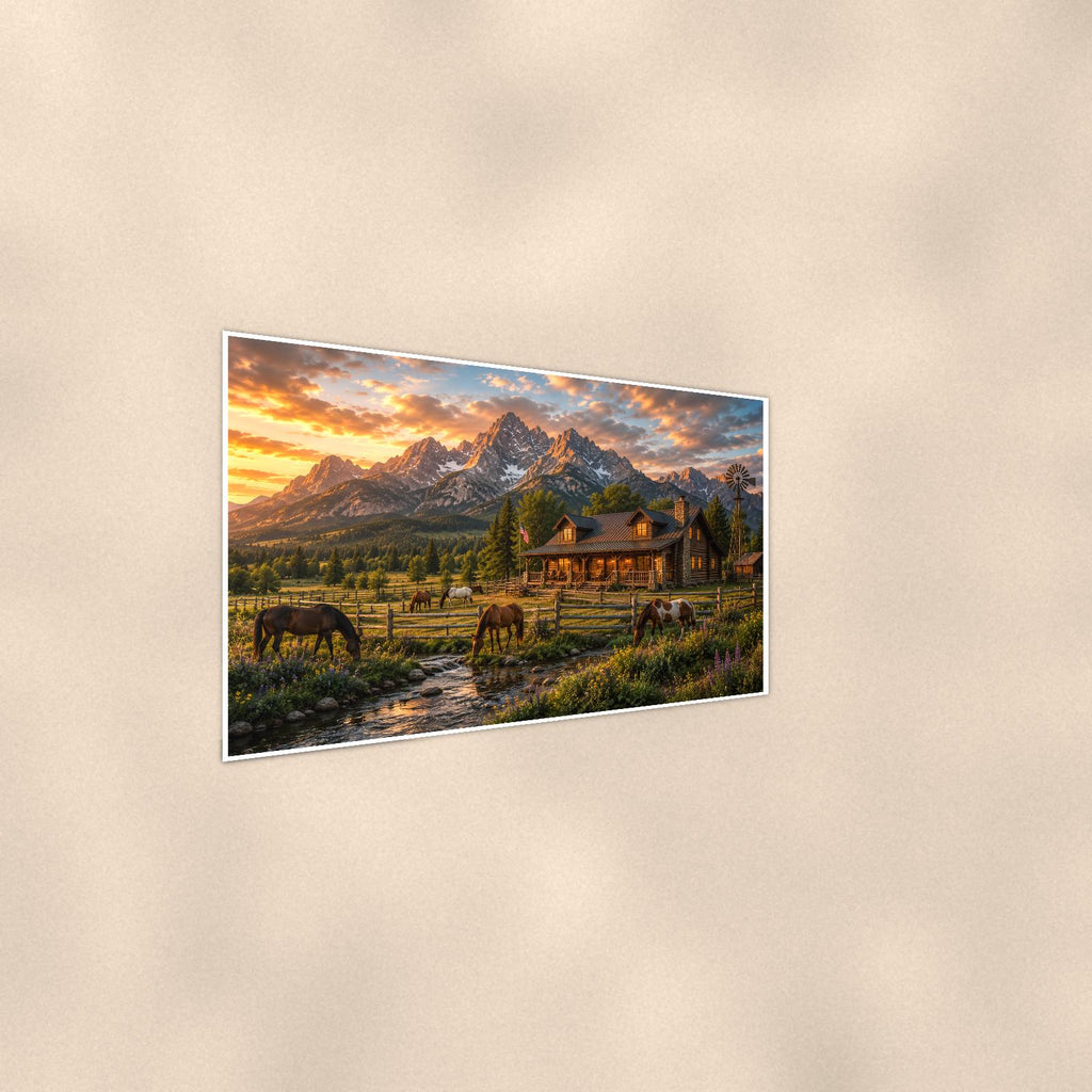 Mountain Horse Cabin — 36x24 in art print poster, premium luster paper with a white border; steeper three-quarter angle on a warm wall, catching the luster sheen.