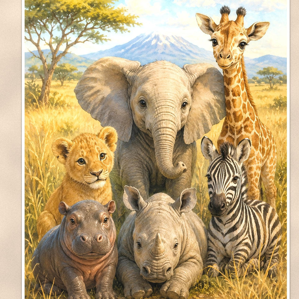 Safari Family — 24x36 in art print poster, premium luster paper with a white border; close-up framed on the main subject of the artwork, paper surface visible.