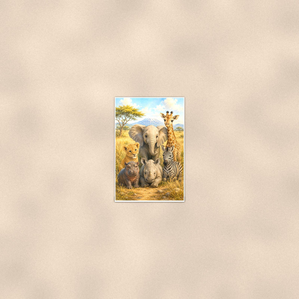 Safari Family — 24x36 in art print poster, premium luster paper with a white border; poster seen from further back, at true 24x36 in scale on a warm wall.