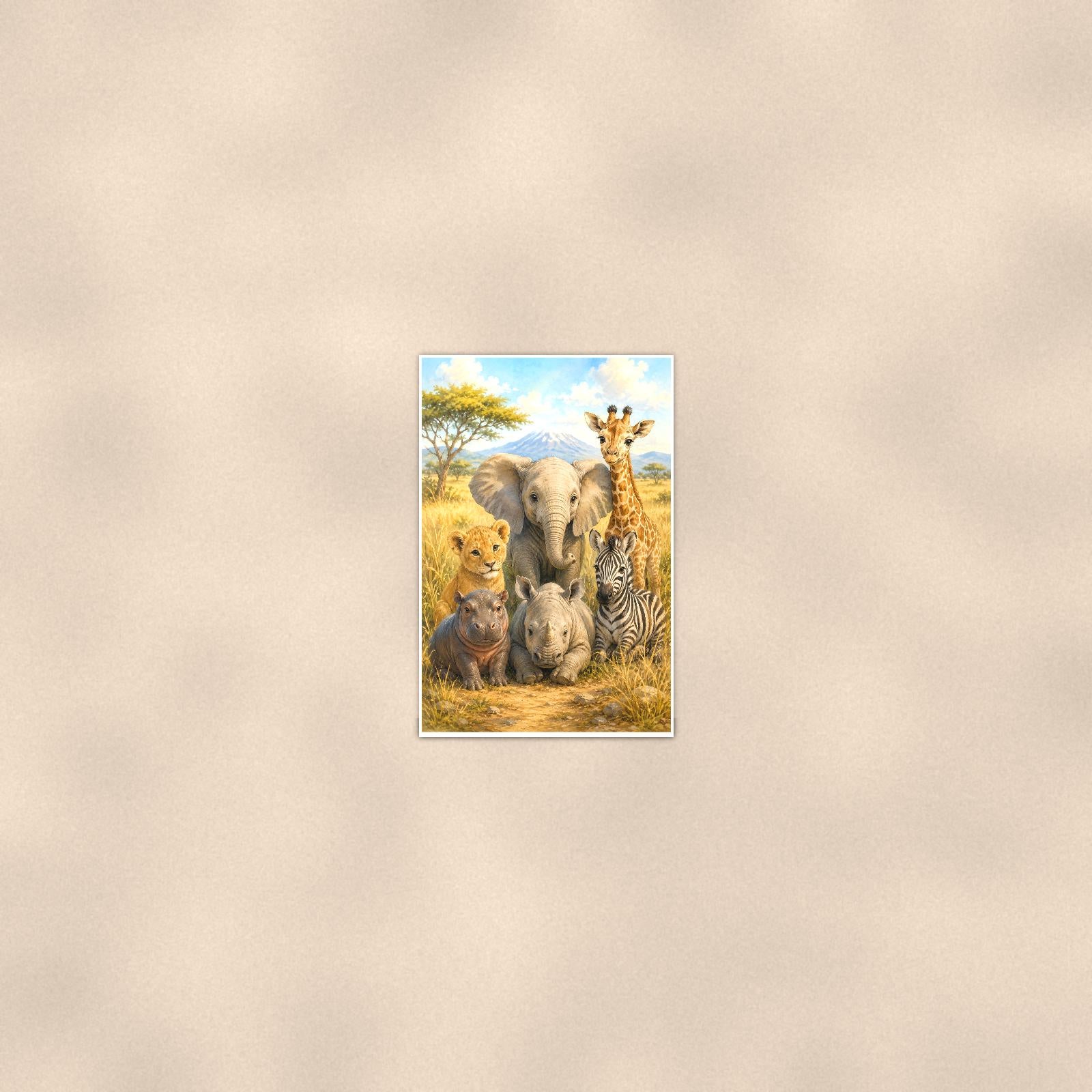 Safari Family — 24x36 in art print poster, premium luster paper with a white border; poster seen from further back, at true 24x36 in scale on a warm wall.