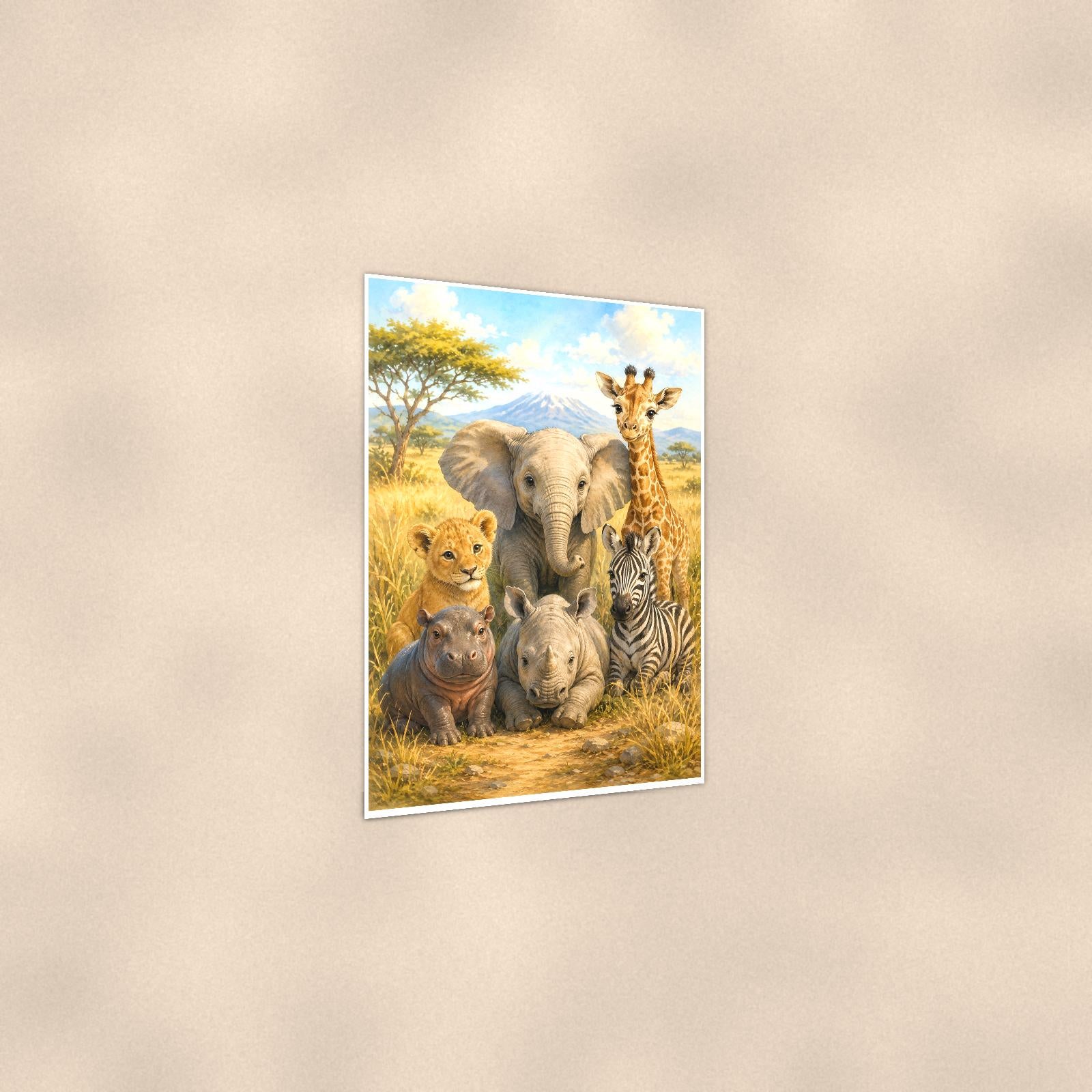 Safari Family — 24x36 in art print poster, premium luster paper with a white border; gentle three-quarter angle on a warm wall, showing the flat paper edge.