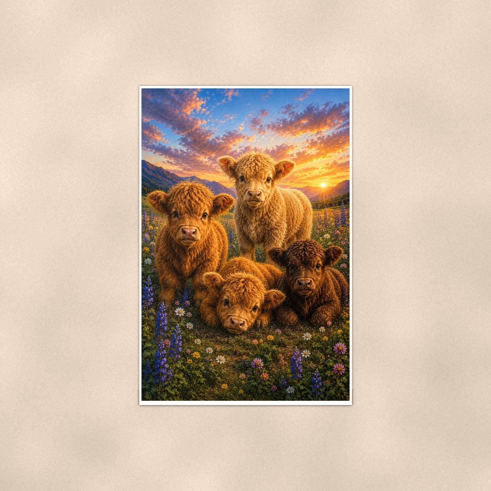 Highland Calves — 24x36 in art print poster, premium luster paper with a white border; poster shown straight on against a warm wall.