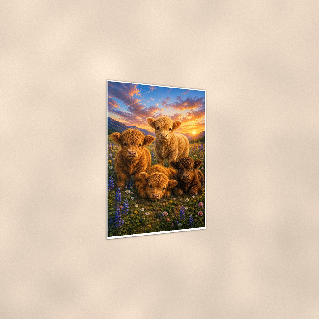 Highland Calves — 24x36 in art print poster, premium luster paper with a white border; gentle three-quarter angle on a warm wall, showing the flat paper edge.