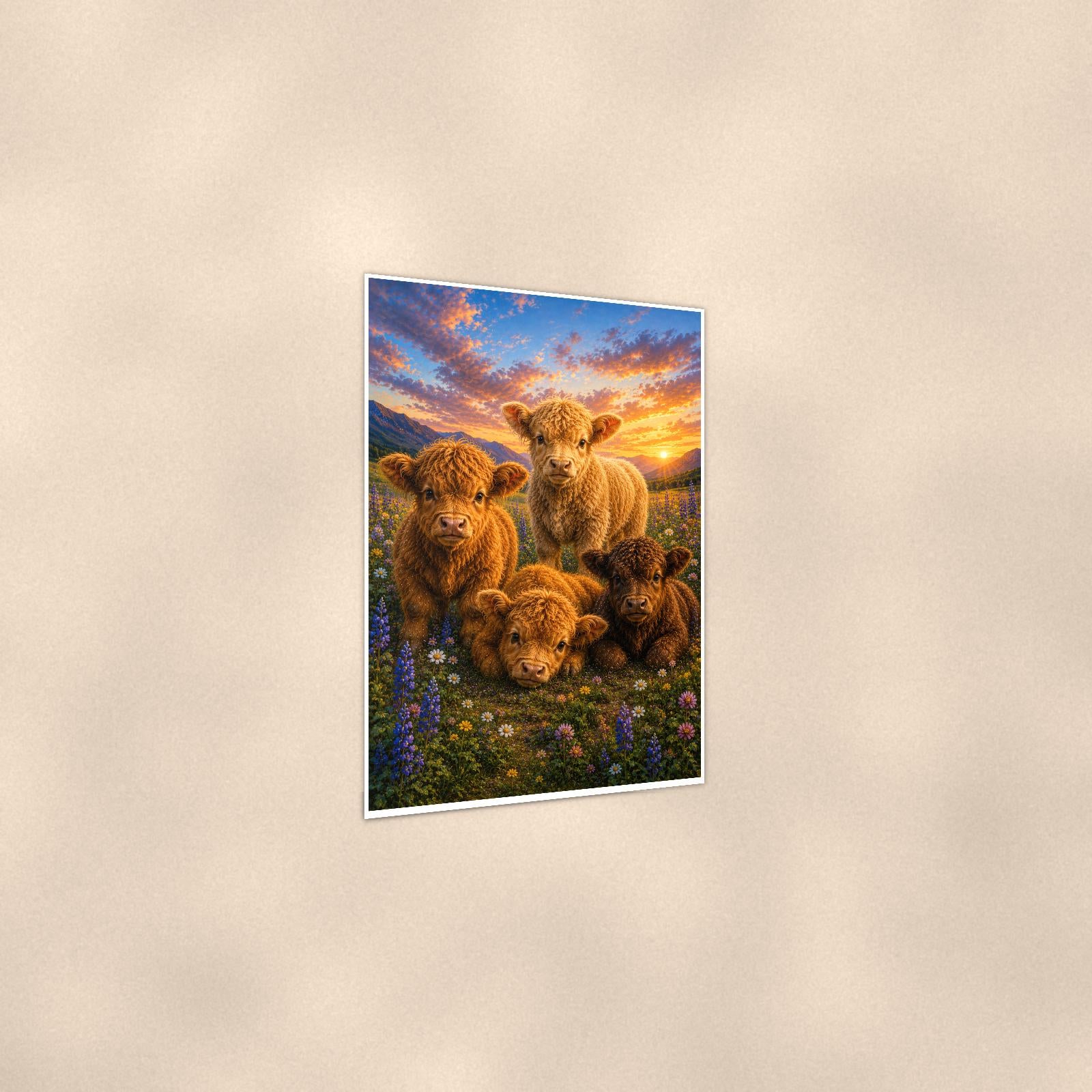 Highland Calves — 24x36 in art print poster, premium luster paper with a white border; gentle three-quarter angle on a warm wall, showing the flat paper edge.