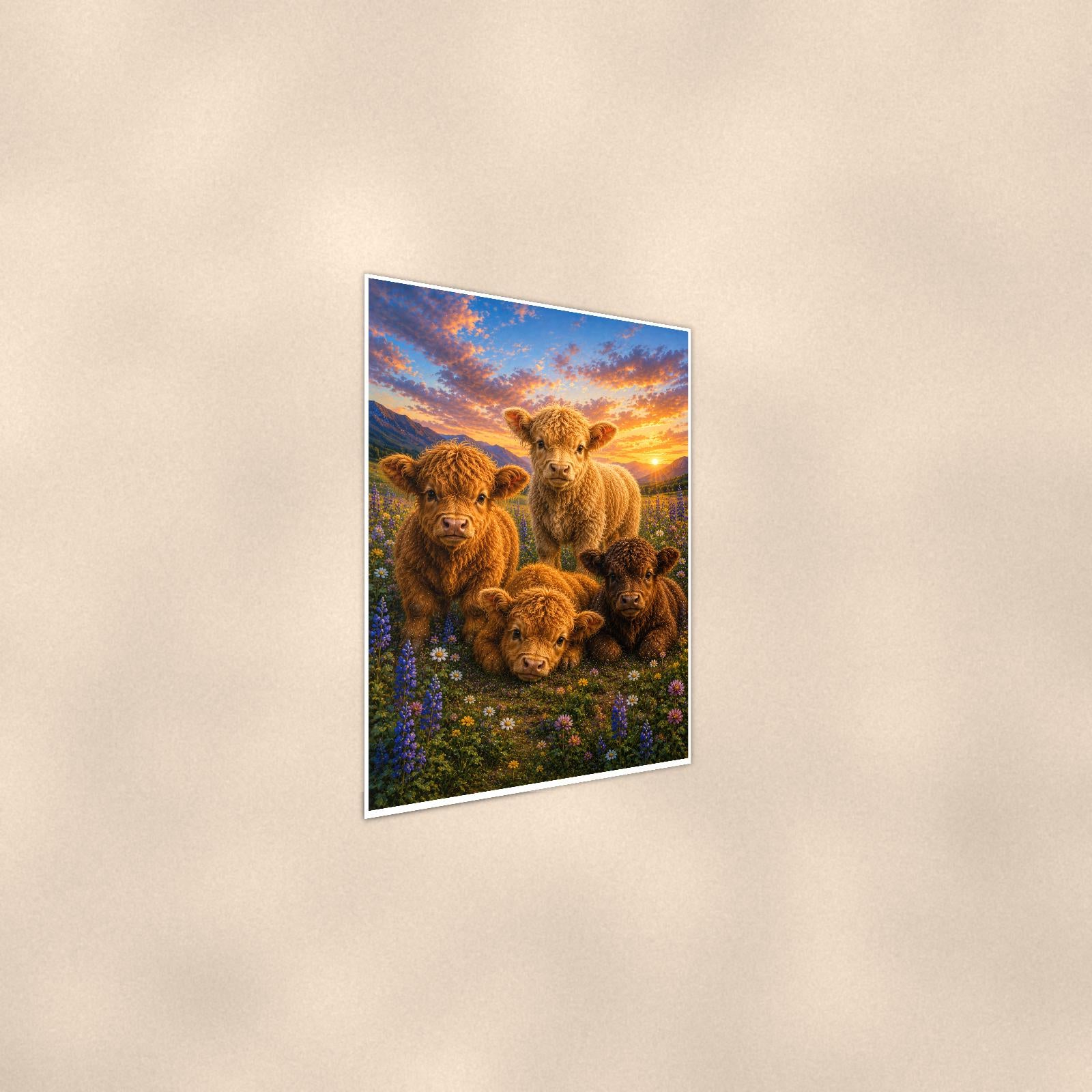 Highland Calves — 24x36 in art print poster, premium luster paper with a white border; steeper three-quarter angle on a warm wall, catching the luster sheen.