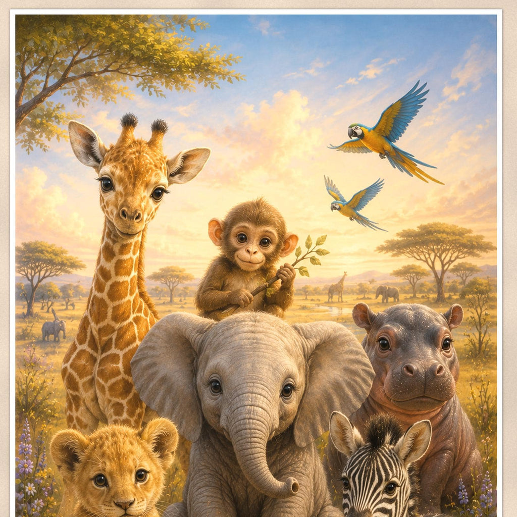 Baby Safari Animals — 24x36 in art print poster, premium luster paper with a white border; close-up framed on the main subject of the artwork, paper surface visible.