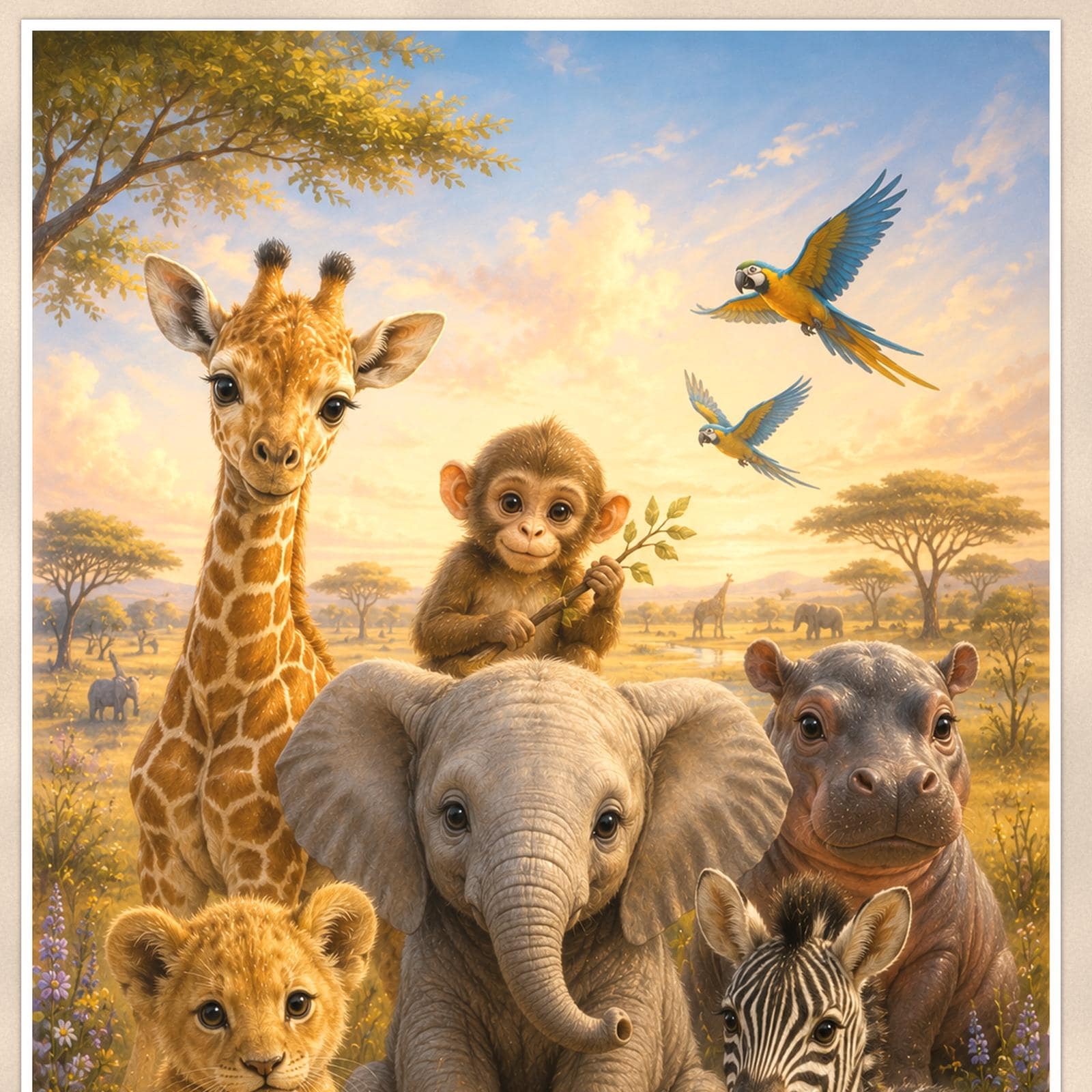 Baby Safari Animals — 24x36 in art print poster, premium luster paper with a white border; close-up framed on the main subject of the artwork, paper surface visible.