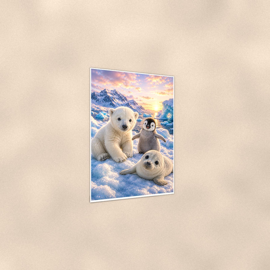 Arctic Animal Friends — 24x36 in art print poster, premium luster paper with a white border; gentle three-quarter angle on a warm wall, showing the flat paper edge.