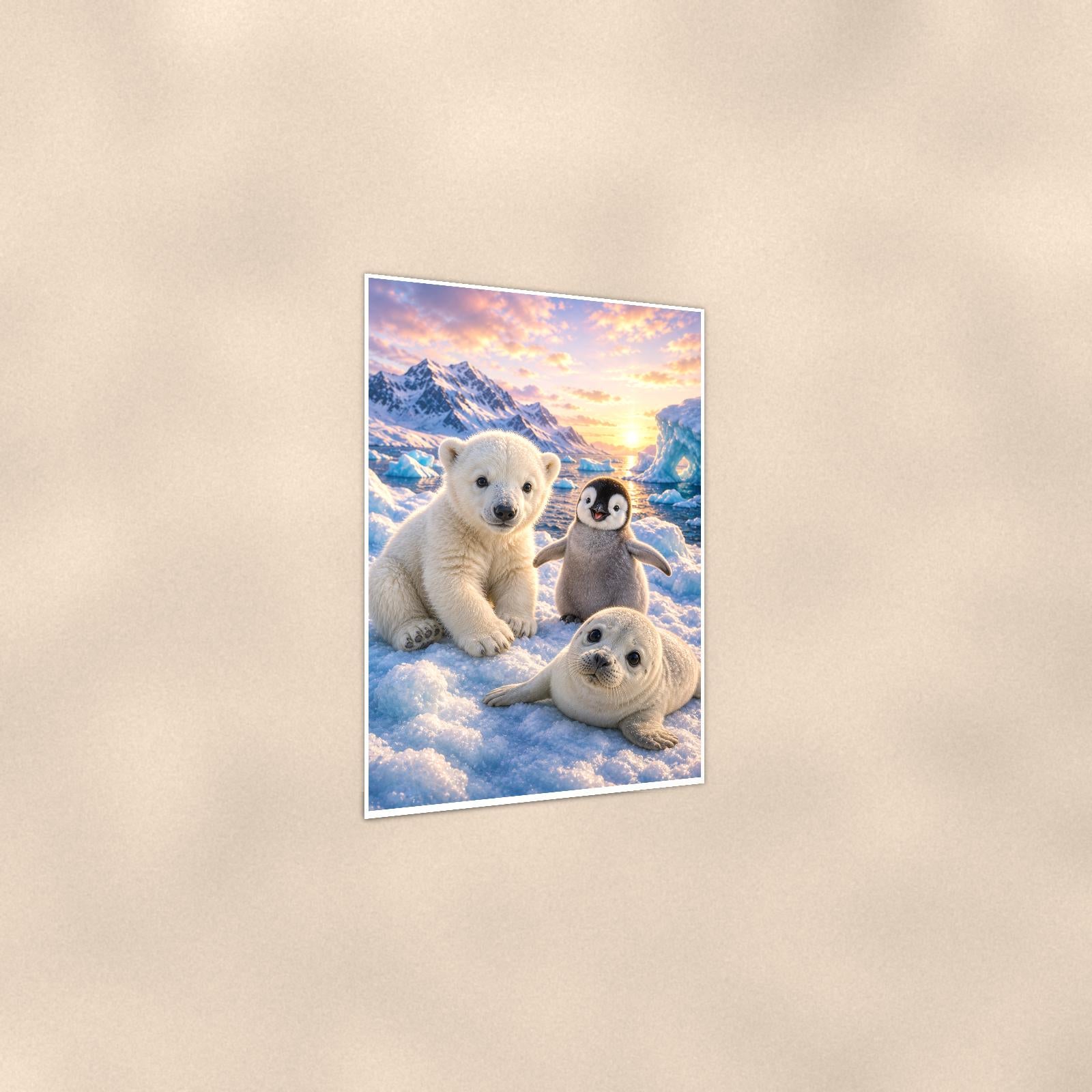 Arctic Animal Friends — 24x36 in art print poster, premium luster paper with a white border; gentle three-quarter angle on a warm wall, showing the flat paper edge.