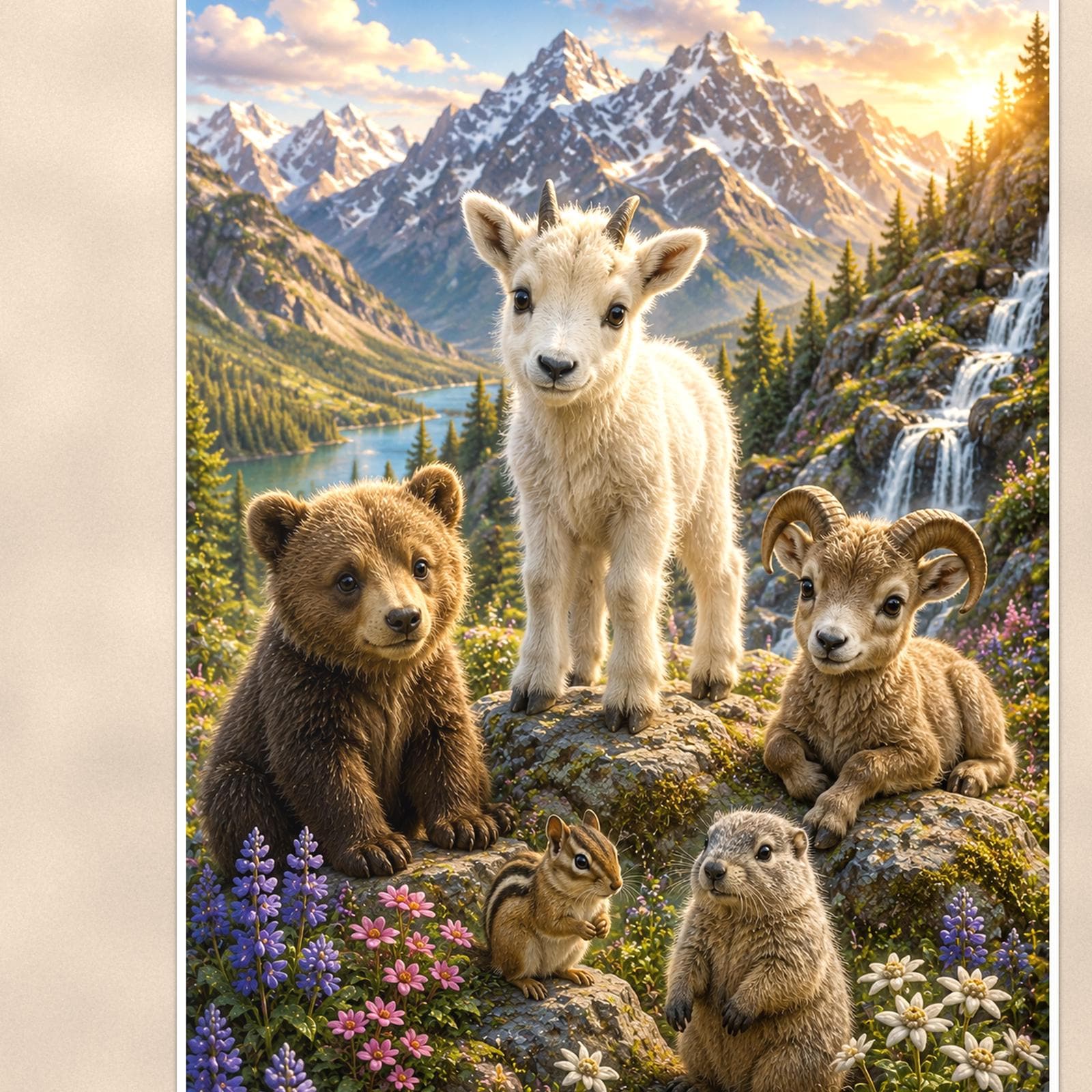 Mountain Wildlife Gathering — 24x36 in art print poster, premium luster paper with a white border; close-up framed on the main subject of the artwork, paper surface visible.