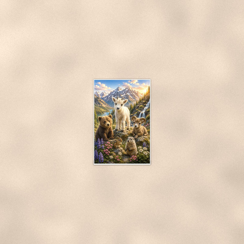 Mountain Wildlife Gathering — 24x36 in art print poster, premium luster paper with a white border; poster seen from further back, at true 24x36 in scale on a warm wall.