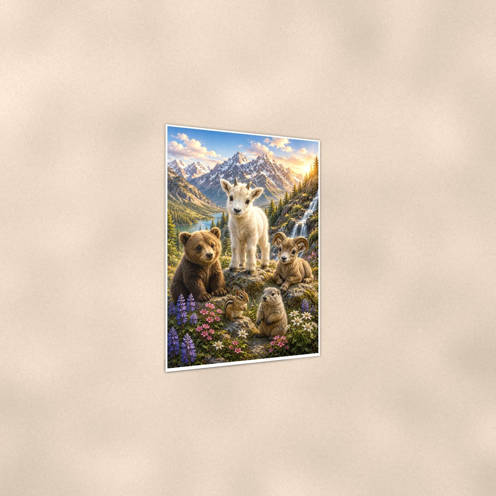 Mountain Wildlife Gathering — 24x36 in art print poster, premium luster paper with a white border; gentle three-quarter angle on a warm wall, showing the flat paper edge.