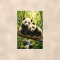 Panda Pair — 24x36 in art print poster, premium luster paper with a white border; poster shown straight on against a warm wall.